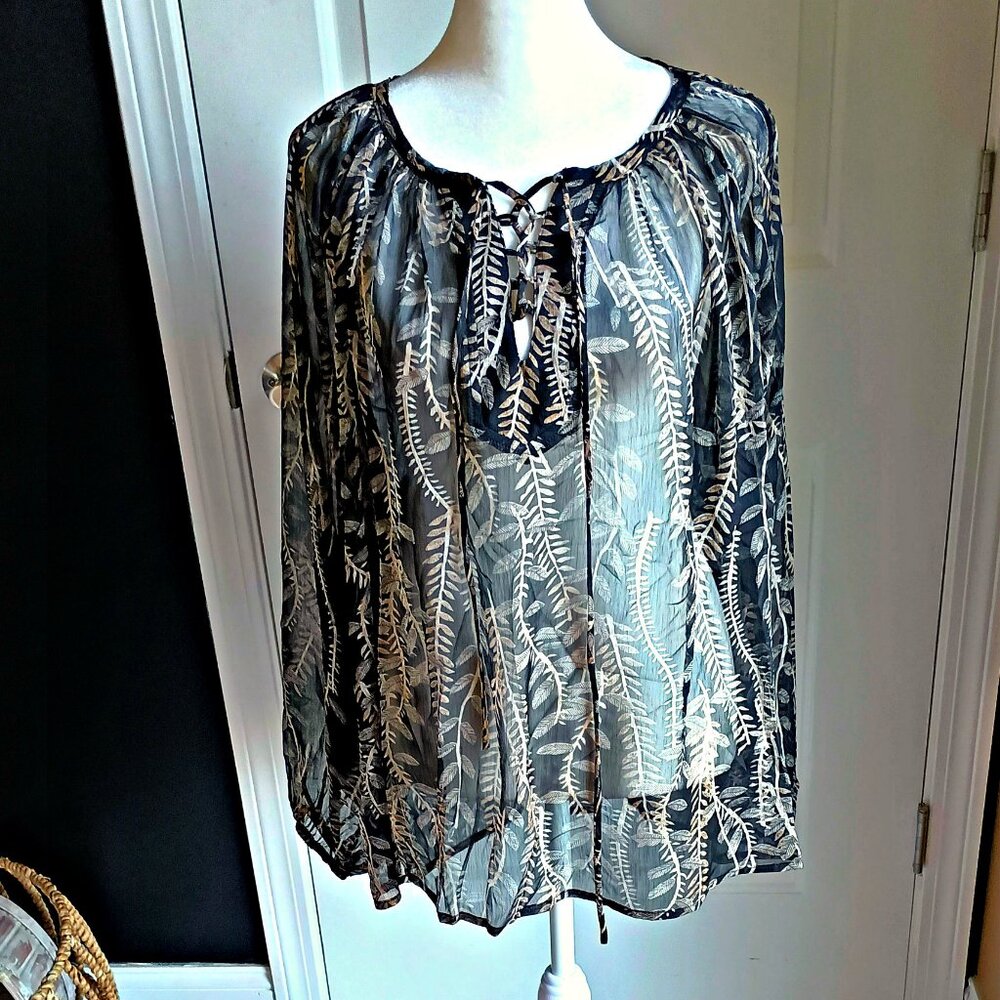 NEW! SHEER Lace UP BOHO BLOUSE By EASEL